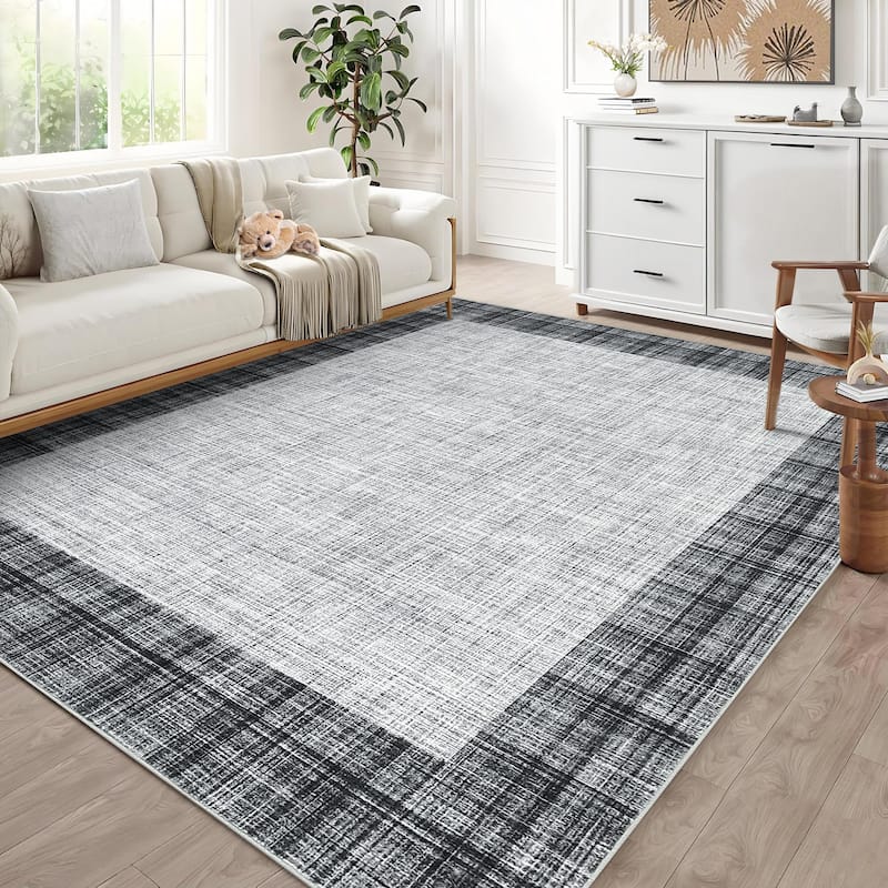 Garvee Linen Border Living Room Area Rug - 5'x7' - Light Gray
