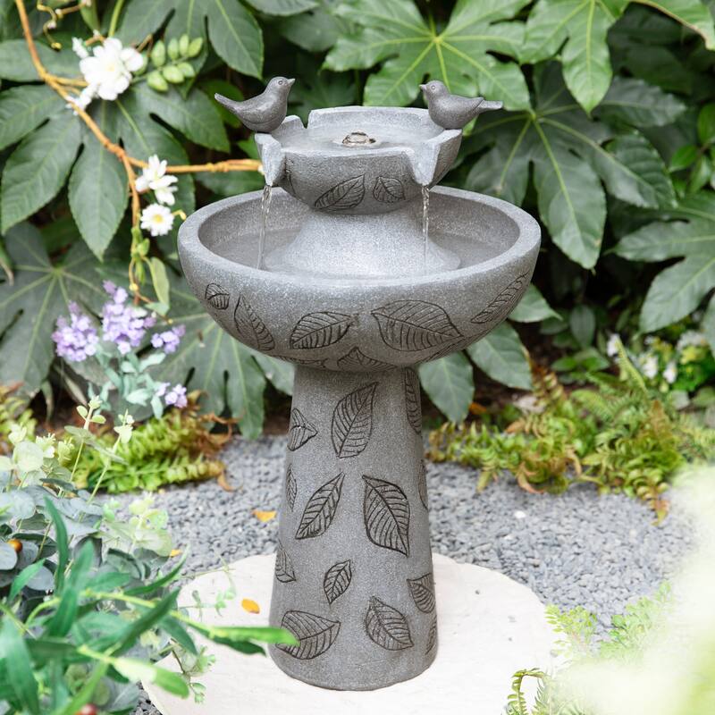 Glitzhome Single or 2-Tier Birdbath Polyresin Outdoor Floor Fountain with Birds, Pump and LED Light
