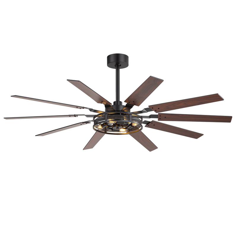60" Reversible 10-Blade Open-Caged Metal Ceiling Fan with Light and Remote