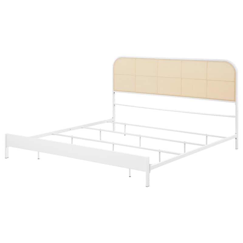 Ammy King Bed, Radio Weave Headboard, Brown Faux Rattan, White Metal