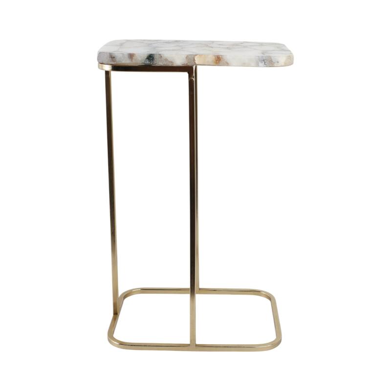 Modern Small Accent Table -Stone Top and Iron Base - 24", Gold & White - 24.0"