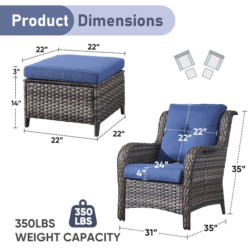 Pocassy Outdoor Patio Chairs Ottoman Table with 4 Inch Cushion