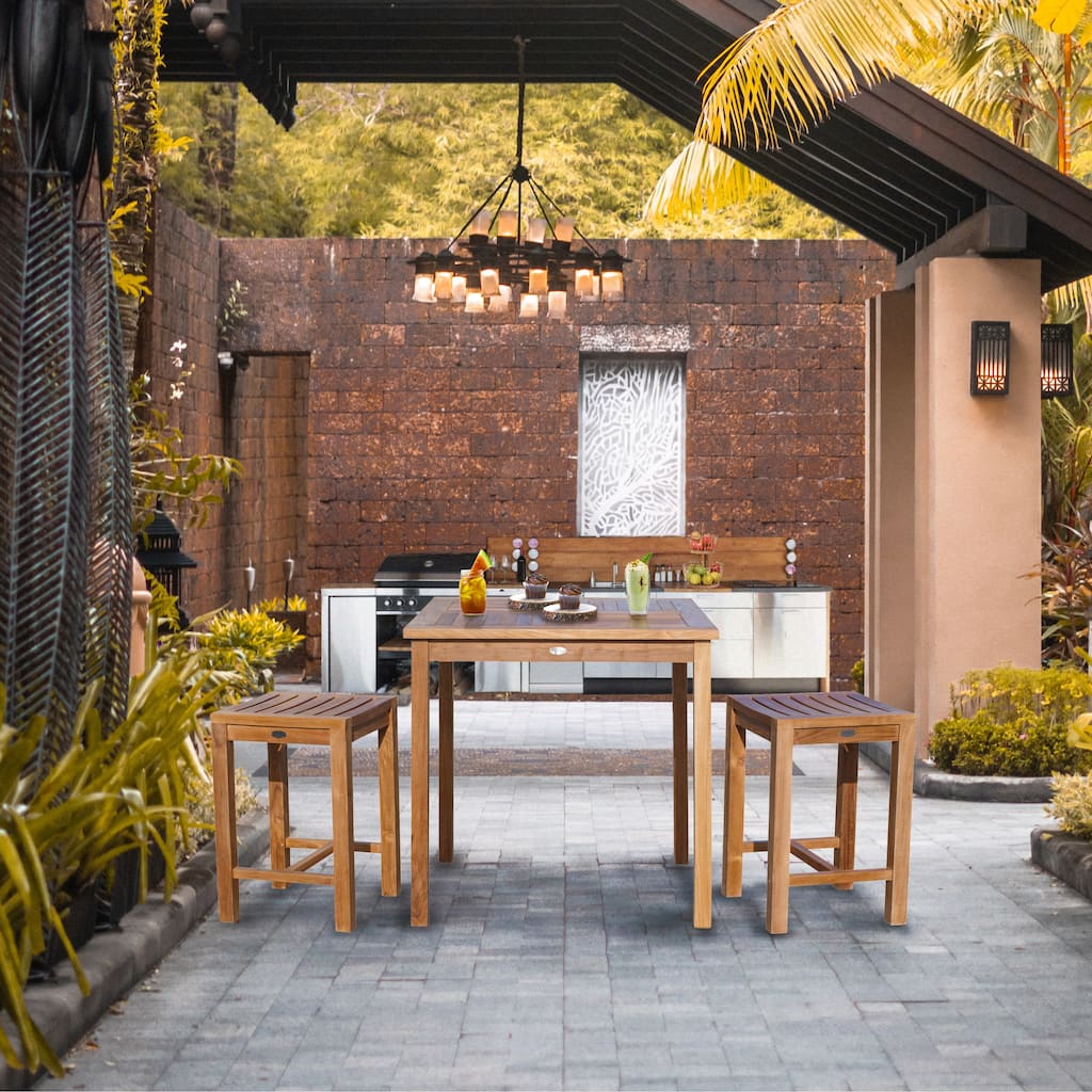 Chic Teak 3 Piece Teak Wood Seville Medium Counter Height Patio Bistro Dining Set, 2 Counters Stools and 35" Square Table