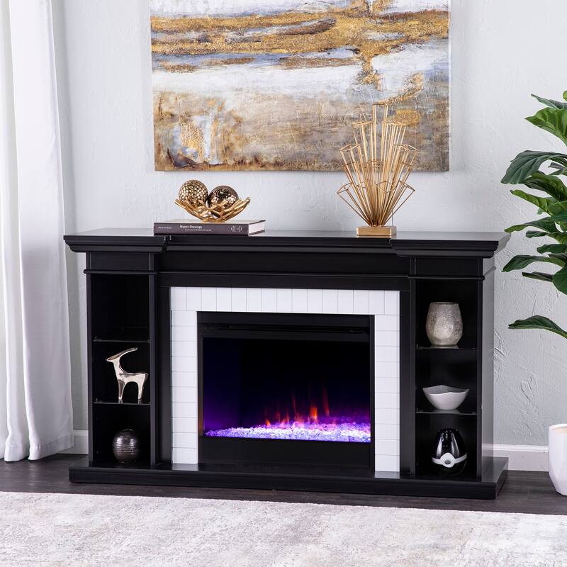 54 in. Freestanding Wooden Smart Electric Fireplace TV Stand in Black ideal for creating a soothing glow,