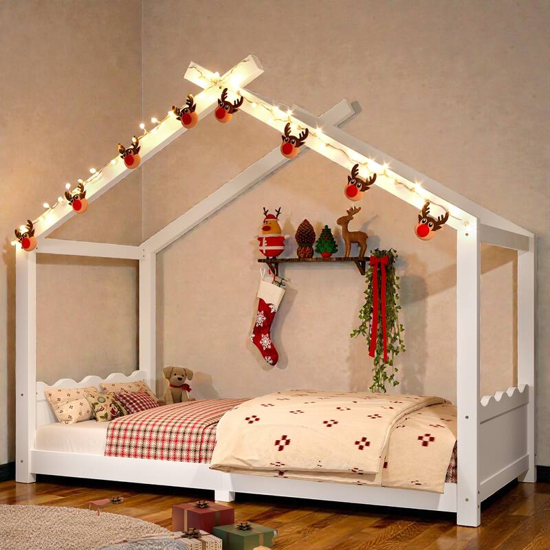 Kids Solid Wood House Floor Bed with Support Slats, Montessori Low Profile Bed, No Box Spring Needed