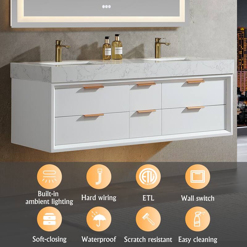 36/48/60 Modern Floating Bathroom Vanity with Sinle/Double Sink & Soft-Close Drawers & LED Lighting & Waterproof, White
