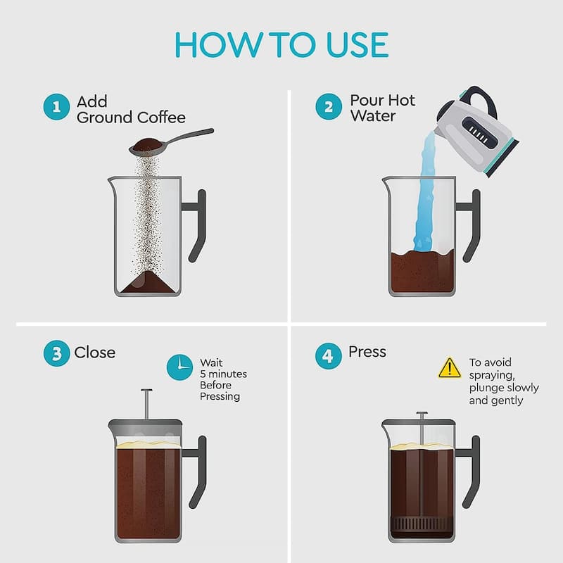 French Press Coffee Maker – Insulated Coffee Press Stainless Steel 304 – Coffee Spoon, Double Wall, & 4 Level Filtration System