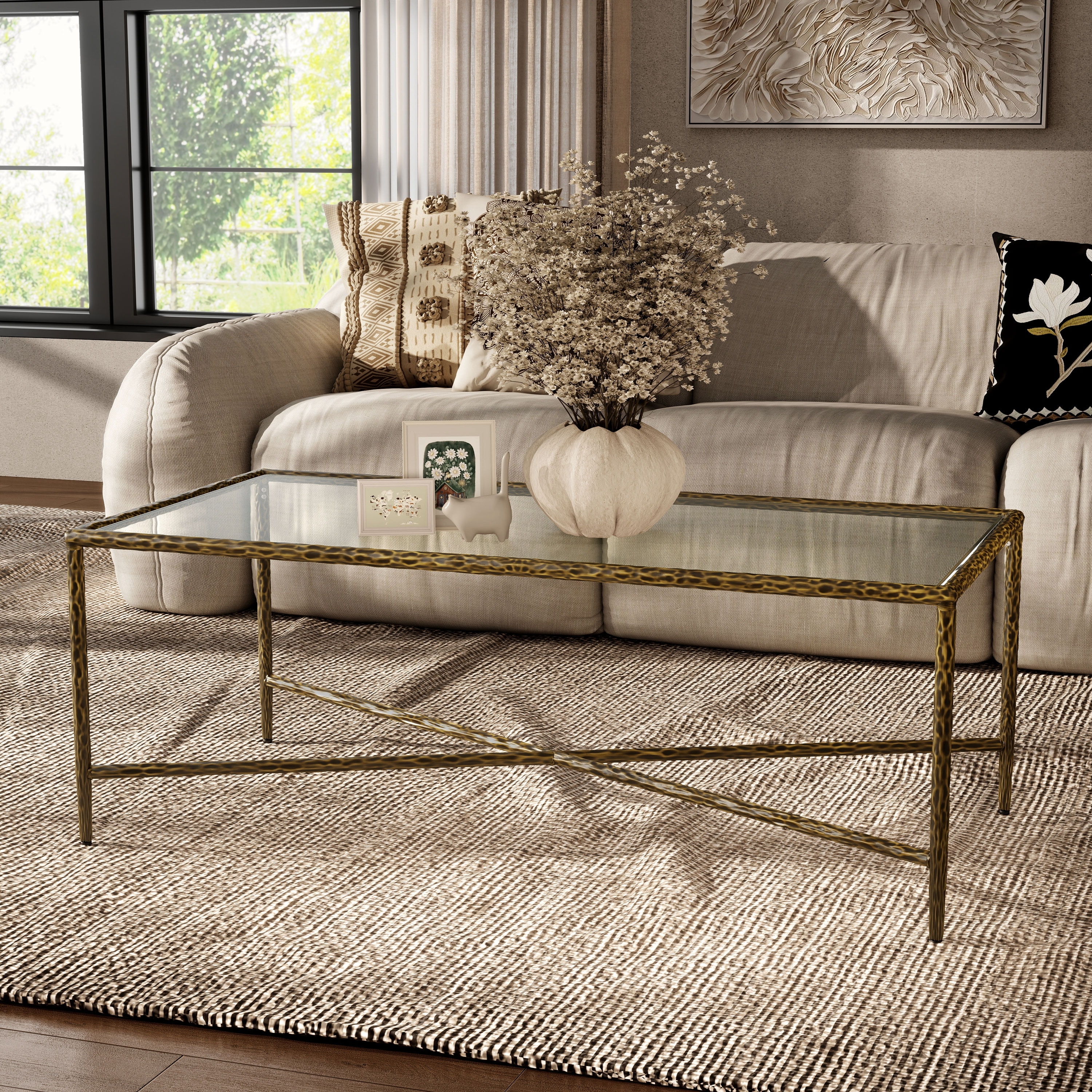 247 Shop At Home Lalia Modern Hammered Metal X-Brace Coffee Table