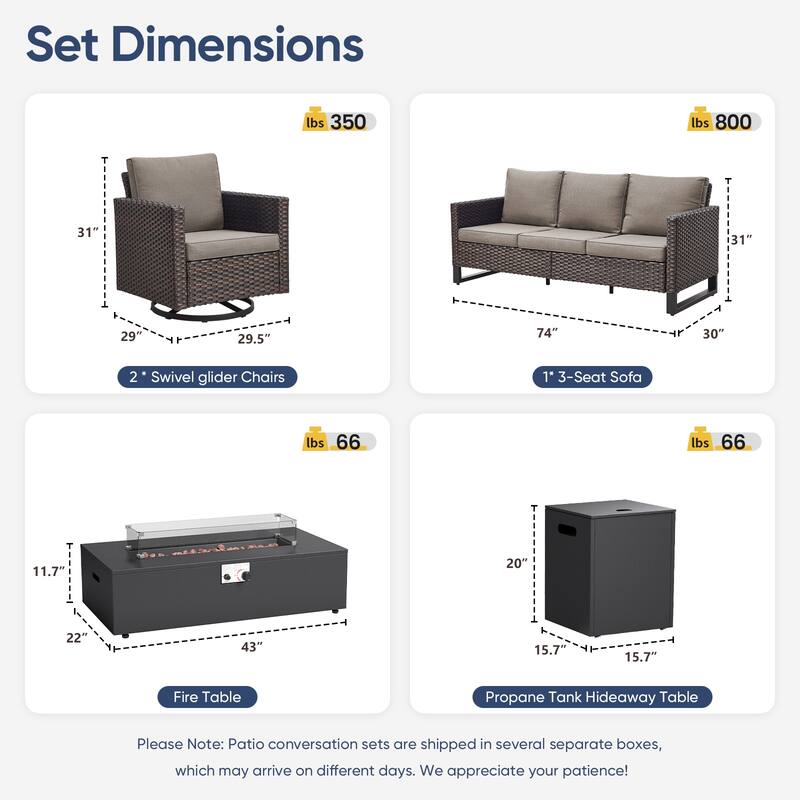 Pocassy 5 Piece Ptio Sofa Swivel Chair with Fire Pit Table