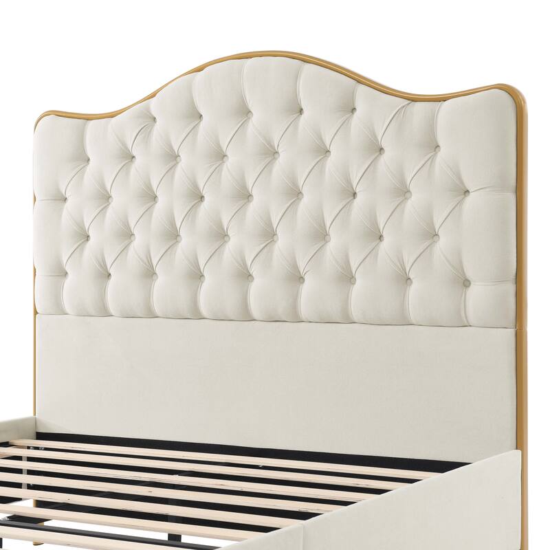 Queen Upholstered Bed Frame with Curved Tufted Headboard