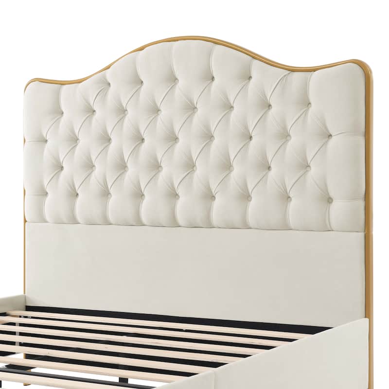Upholstered Queen Bed Frame with Tufted Headboard and Wooden Legs