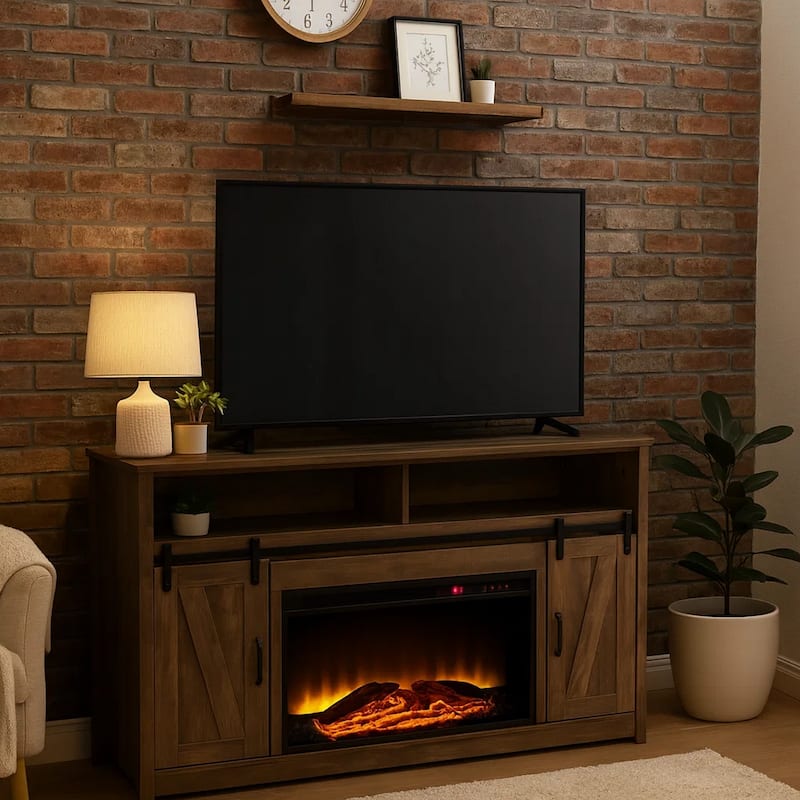 TV Stand and Fireplace with 2 Sliding Barn Doors, Rustic Brown
