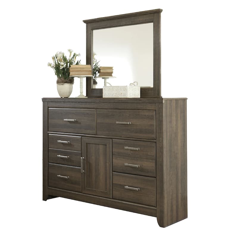 Rye 2pc Dresser and Mirror Set, 6 Drawers w Cabinet, Dark Brown