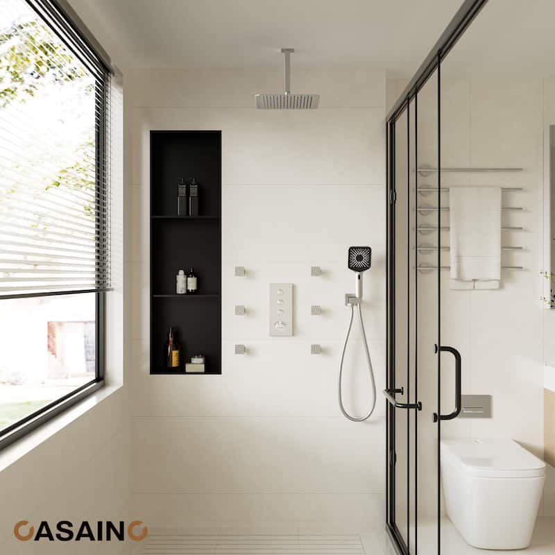 Luxury Thermostatic Shower System 3-Spray Patterns Ceiling Mount Fixed Shower Head and Handheld Spray with 6 Body Jets