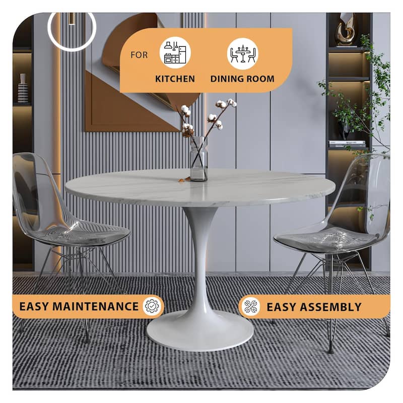 LeisureMod Verve 48" Round Dining Table with Stone TableTop and White Steel Base for Kitchen & Dining Room
