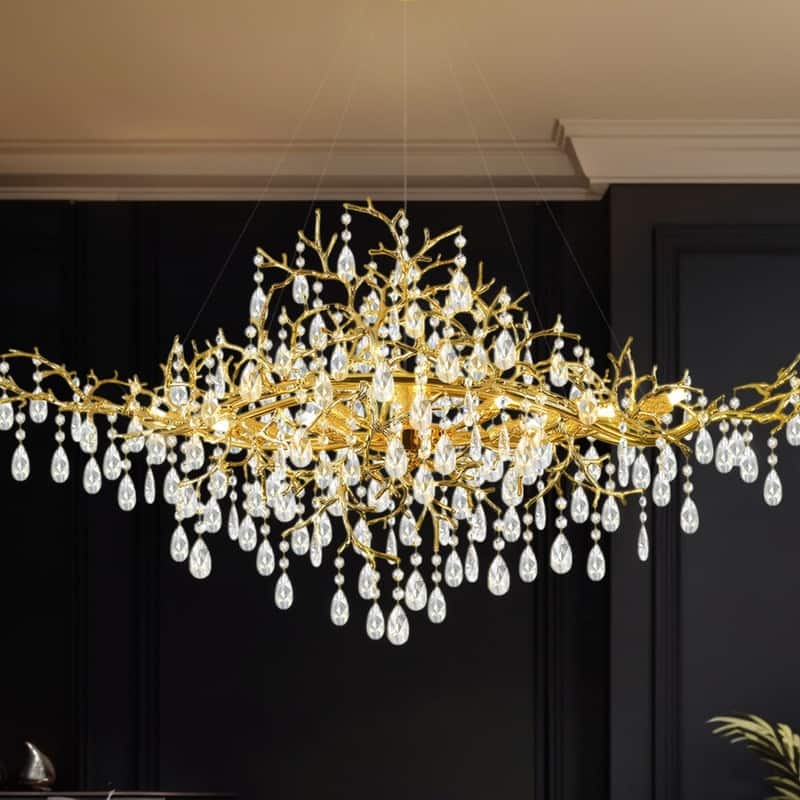 47 in. Luxury Crystal Linear Chandelier, Modern 12-Lights Tree Branch Ceiling Pendant Light for Dinning Room,Living Room - Gold