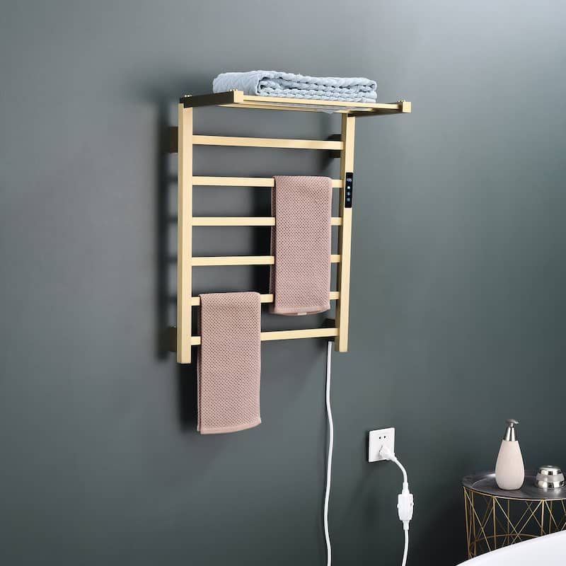 Heated Towel Rack 6-Bar Towel Warmer Rack Wall Mounted Electric Towel Drying Rack with Timer Plug-in/Hardwired