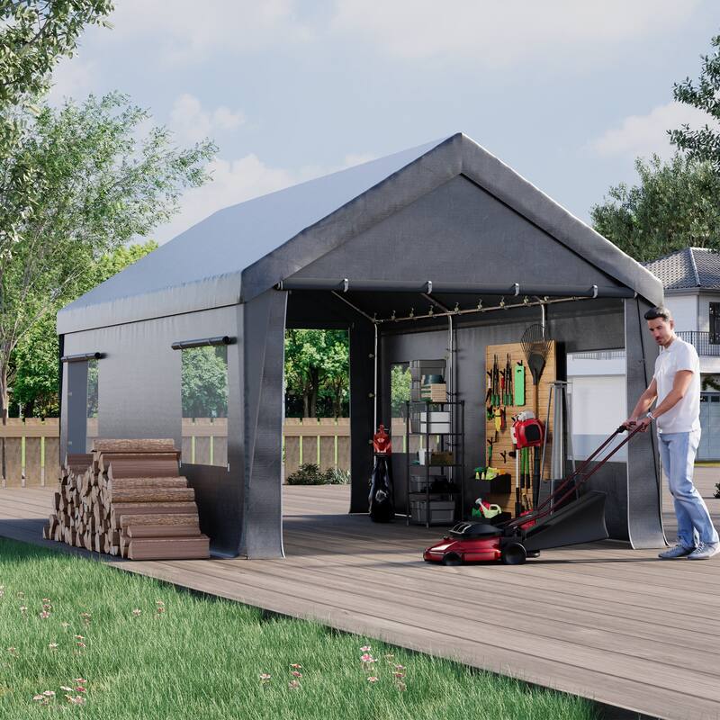 Heavy Duty Enclosed Carport Shelter, Waterproof UV-Resistant Canopy with Steel Frame & Roll-Up Windows - 10'x20' - Grey