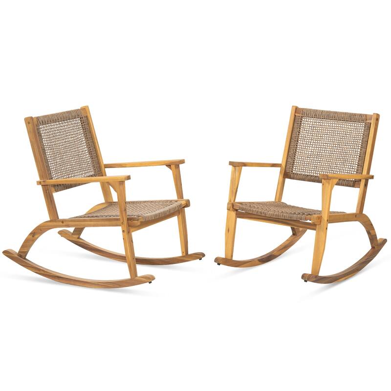 2-Piece Outdoor Acacia Wood Rocking Chair Set with Wicker Rattan Seat & Backrest