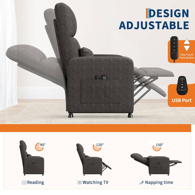 Adjustable Electric Linen Power Recliner Chair, Single Sofa with 2 Side Pockets and USB Port