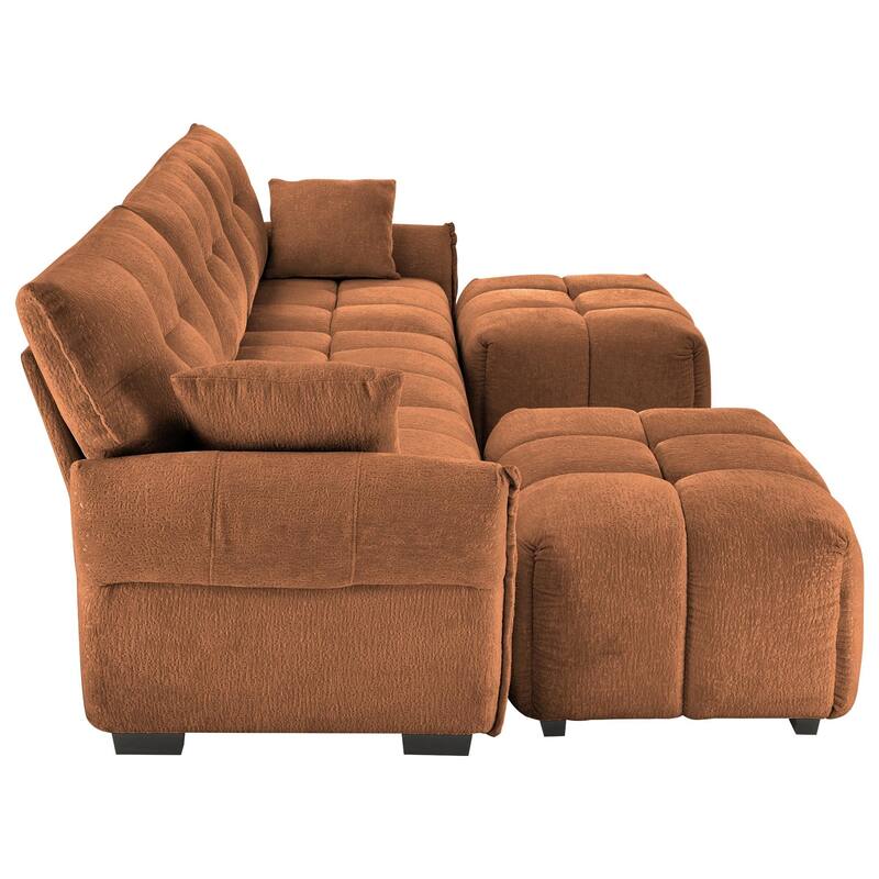 110.2" Chenille 3-Seater Sofa Set with Ottoman and Throw Pillows, Solid Wood Frame