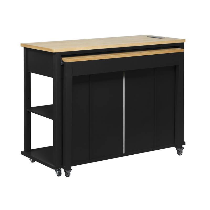 47" Kitchen Island with Extendable Table, Rubber Wood Veneer, Storage & Power