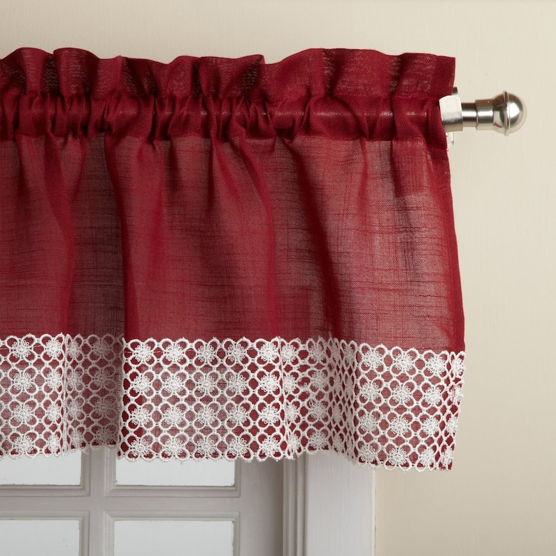 Burgundy Country Style Curtain Parts with White Daisy Lace Accent- Tier, Swag and Valances - Valance