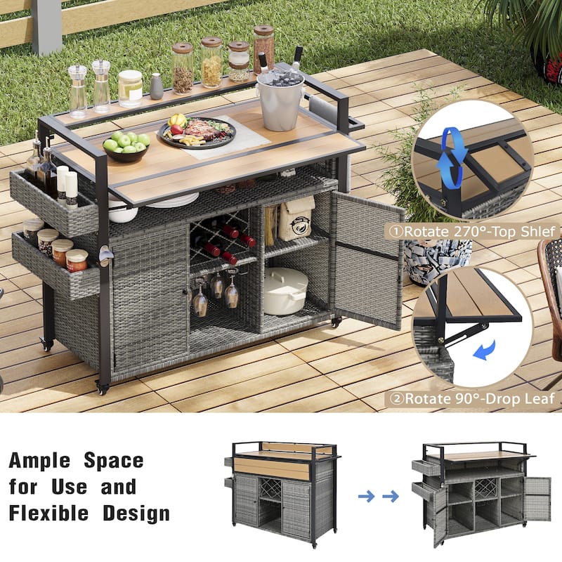 52.8"W Wicker Outdoor Grill Cart with Extended Plastic Wood Table Top, Rolling Kitchen Island on Wheels with Storage Cabinet