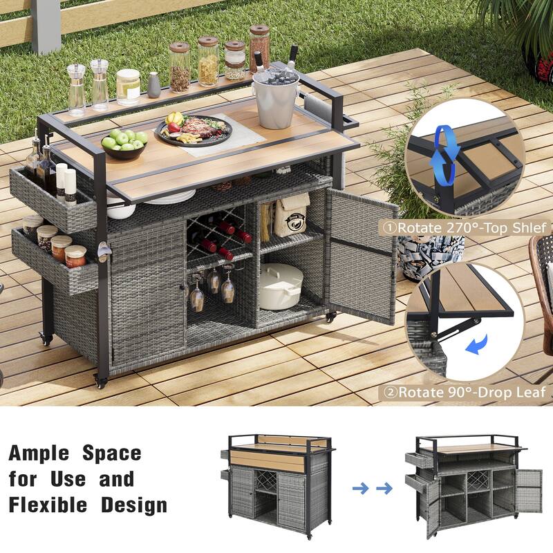 52.8"W Wicker Outdoor Grill cart with Extended Plastic Wood Table Top, Rolling Kitchen Island on Wheels with Storage Cabinet