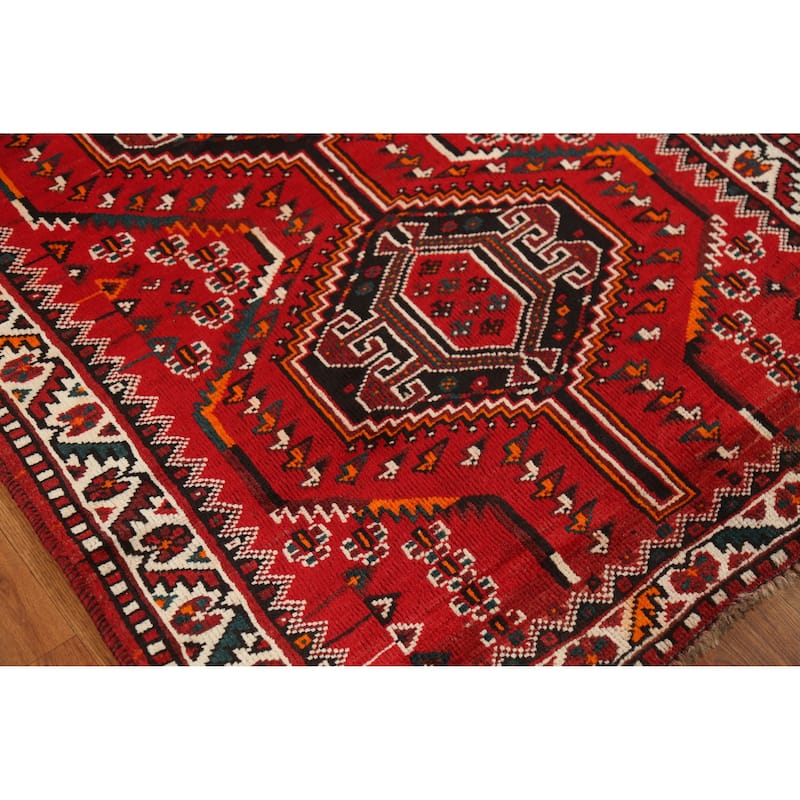Hand Knotted Oriental 100% Wool Carpet Traditional Tribal Red Shiraz Area Rug - 4' 10'' X 3' 7''