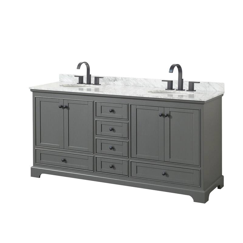 Wyndham Collection Deborah 72" Free Standing Double Vanity Set with - Dark Gray / White Carrara Marble Top / Matte Black