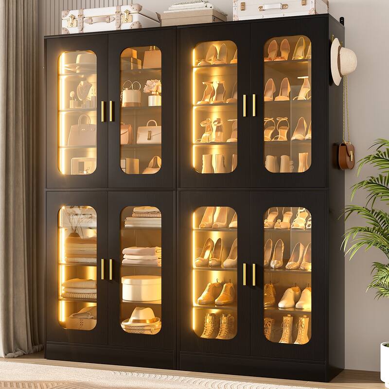 8-Tier Shoe Cabinet with LED Light, 32 Pairs Tall Shoe Storage Organizer with Side Hooks - Black - 2pcs