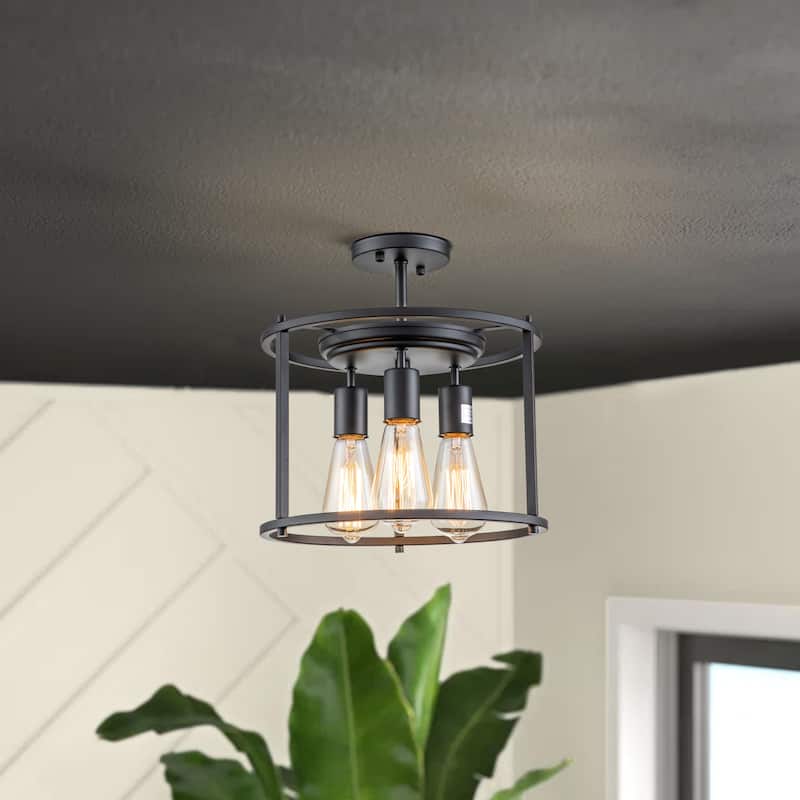 3-Light Black Drum Cage Semi Flush Mount Light