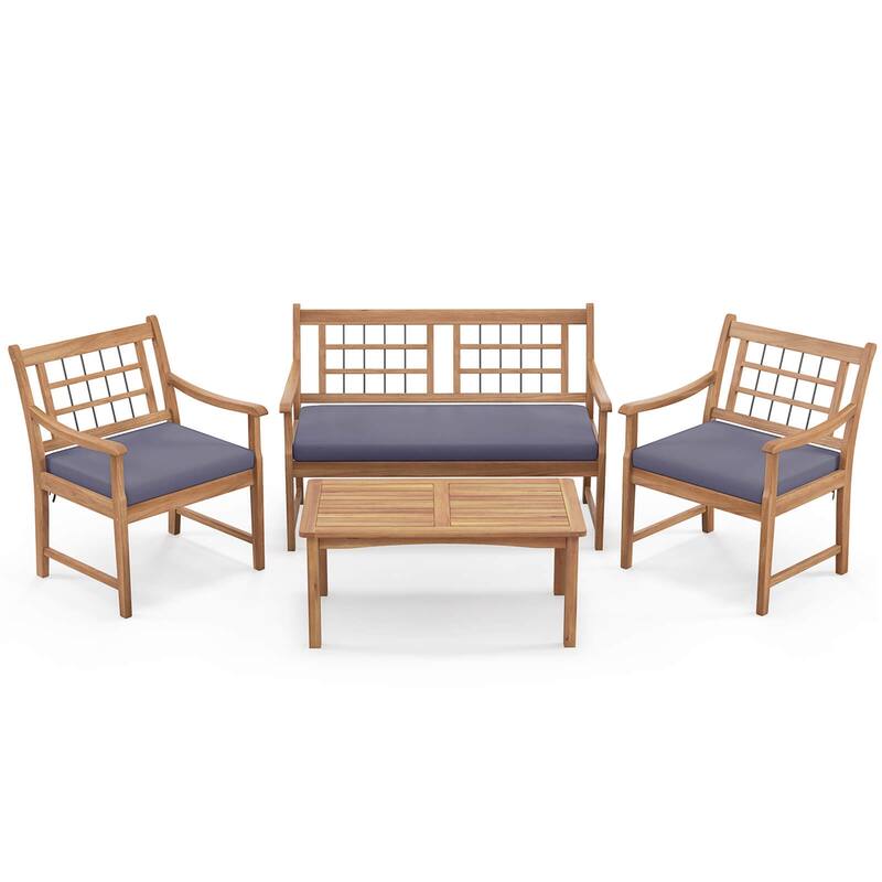 Gymax Set of 4 Wood Furniture Set w/ Seat Cushions & Solid Acacia Wood