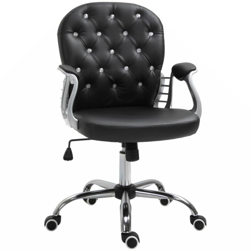 Vinsetto PU Leather Home Office Chair, Button Tufted Desk Chair with Padded Armrests, Adjustable Height and Swivel Wheels - Black