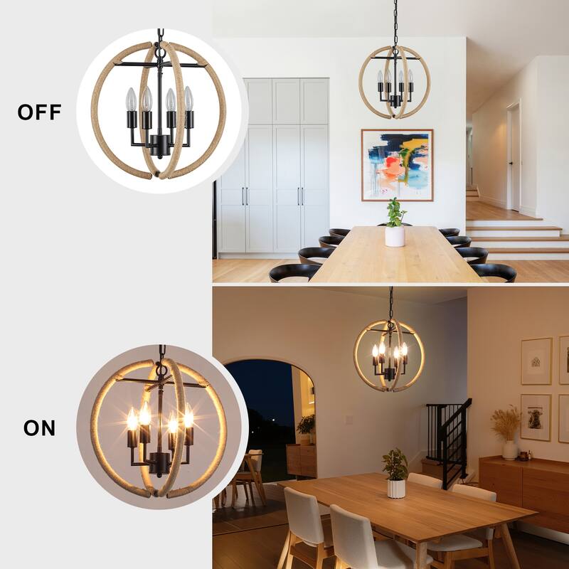 4-Light Beige Brown Hemp Rope Globe Chandelier - Beige Brown