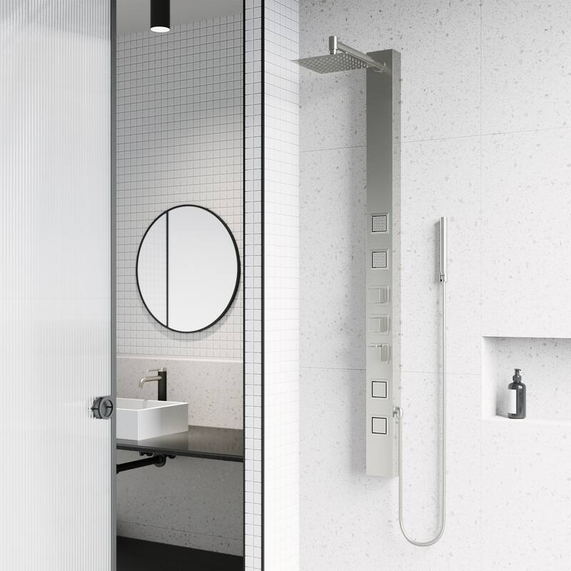 VIGO Sutton 58" H x 4" W 4-Jet Shower Panel with Square Shower Head - Stainless Steel