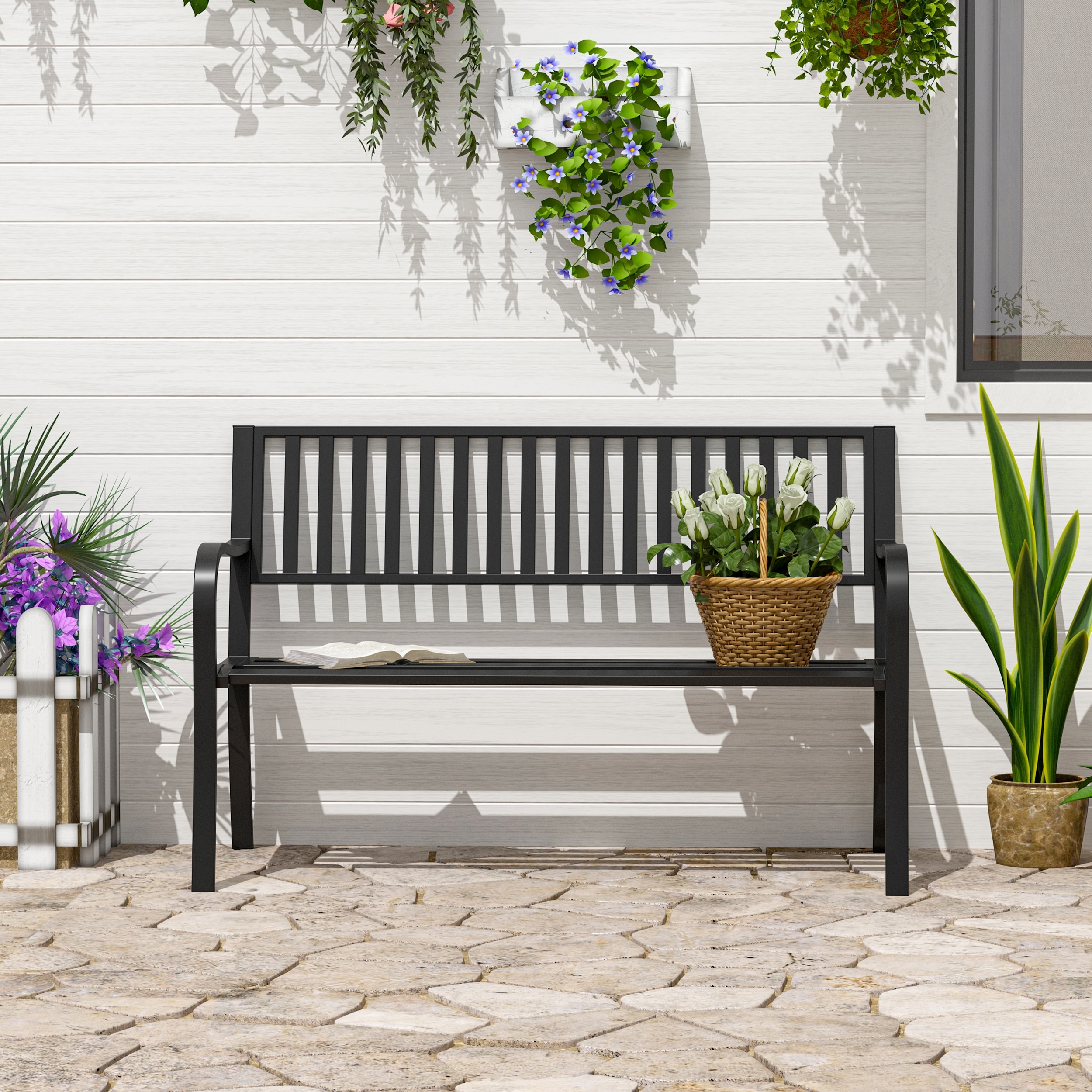 Outdoor Garden Bench With Slatted Seat For Patio And Poolside