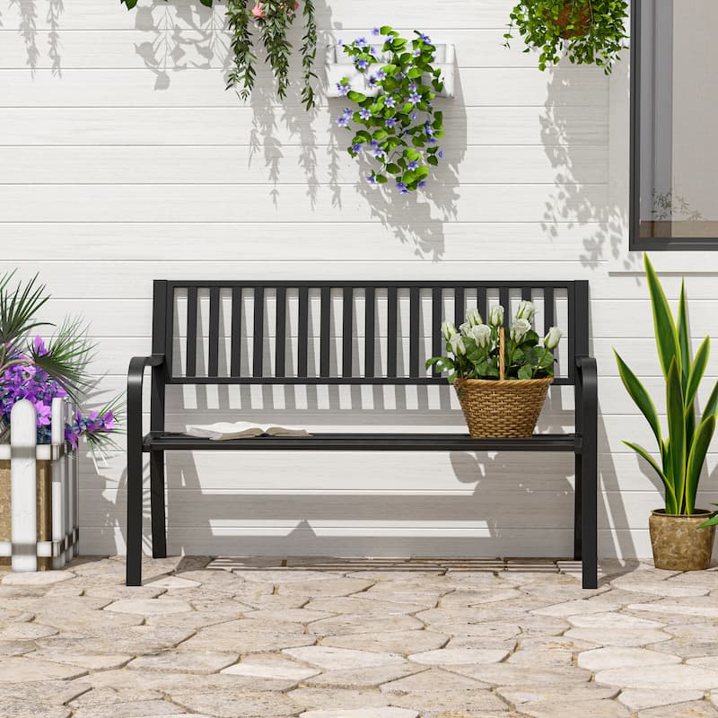 Window Bench with Curved Armrests and Backrest, Entryway Bench Outdoor Bench with Metal Frame, Patio Bench for Backyard - Black