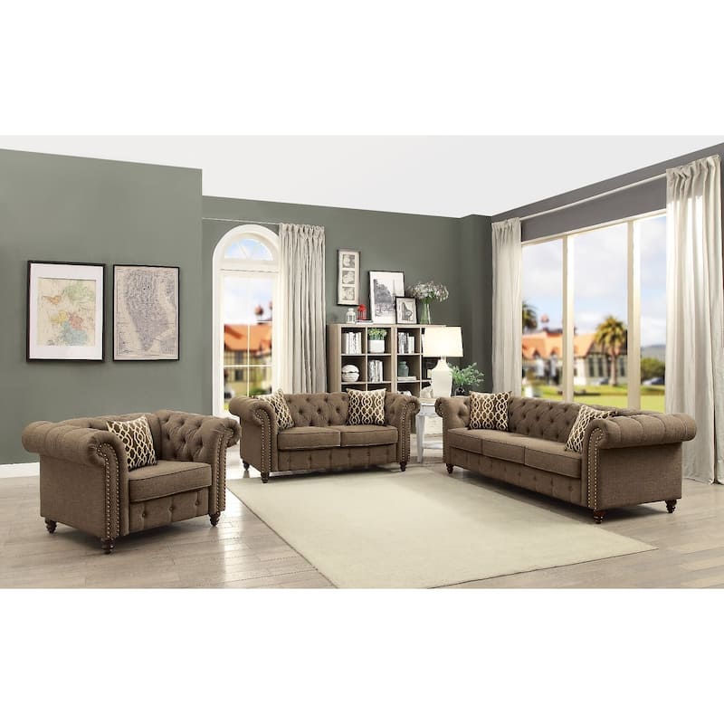 Transitional 29" Linen Upholstered Button Tufting Chair with Wooden Turned-Bun Legs amd Nailheads