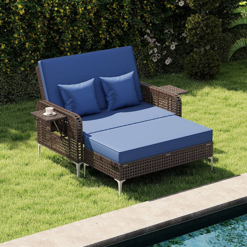 2 Piece Mix Brown Rattan Outdoor Daybed Loveseat and Ottoman Set with Adjustable Backrest - 50” x 48” x 35”