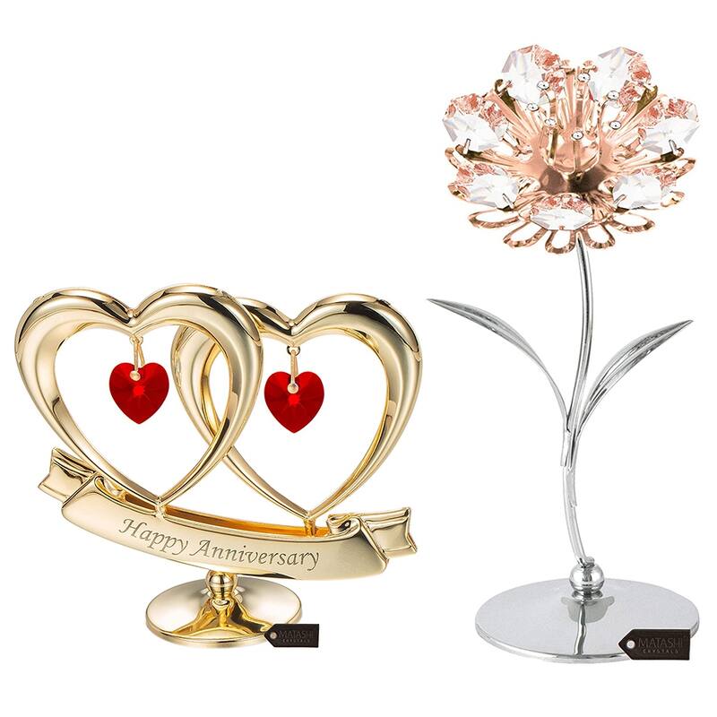 Matashi 24K Gold Plated Double Heart Happy Anniversary Banner Ornament w Sunflower Figurine Showpiece Best Gift for Anniversary