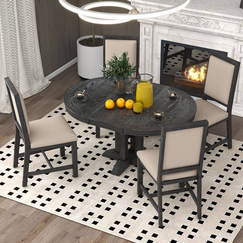 5-piece Farmhouse Dining Set with Extendable Round Table and 4 Upholstered Chairs - Black