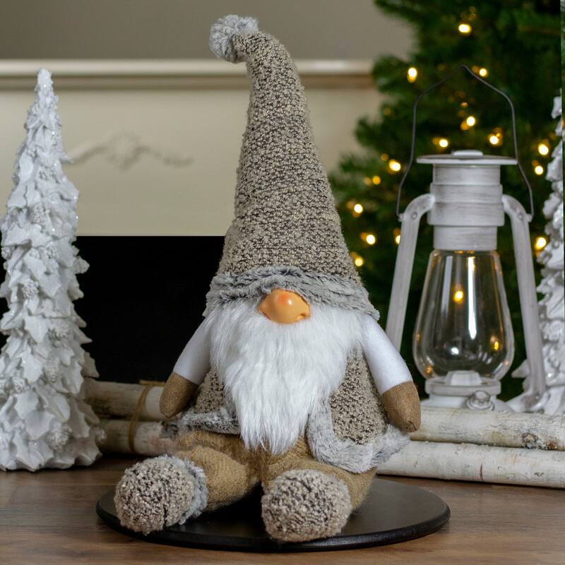 Sitting Plush Faux Fur Gnome Christmas Figure - 17" - Gray and Beige
