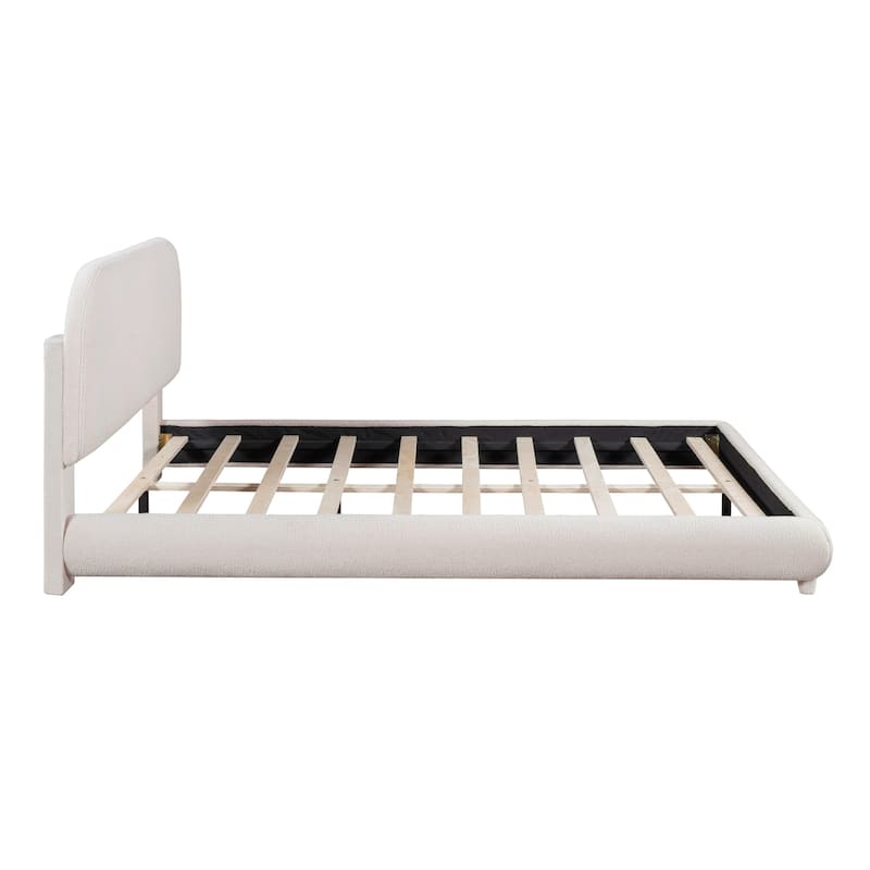 Teddy Fleece Queen Size Upholstered Platform Bed with Thick Fabric, Solid Frame and Stylish Curve-shaped Design, Beige