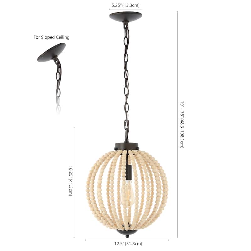 Alba 12.5" 1-Light Rustic Bohemian Iron/Wood Bead LED Pendant, Oil Rubbed Bronze/Brown by JONATHAN Y