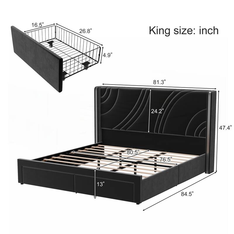 King Size Modern Upholstered LED Bed Frame