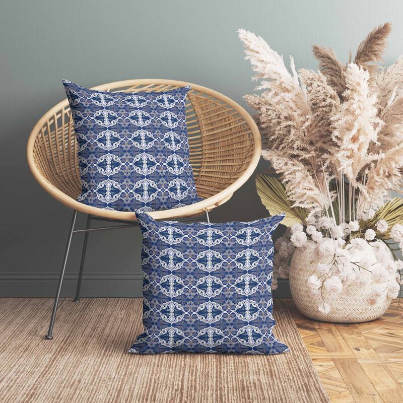Floral Elegance Indoor/Outdoor Reversible Throw Pillow Blue and White