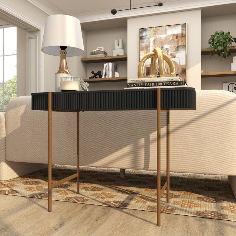 Black Wooden Rounded Rectangular Ribbed Living Room Console Table with Gold Metal Legs