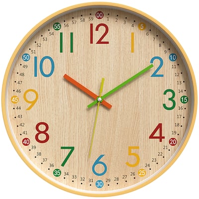Classroom Wall Clock for Time Teaching, Non-Ticking Battery Operated Colorful Analog Clocks for School, Bedroom Decor 12 Inch